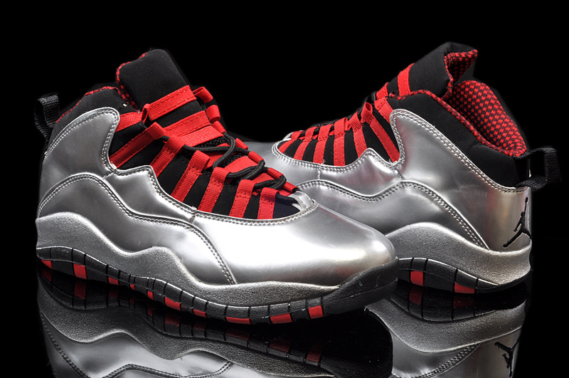Air Jordan 10 Mens Shoes Silver Gray/Red And Black Stripes Onlin